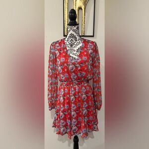 Mi Ami Red Floral Long-Sleeve V-Neck Mini Dress